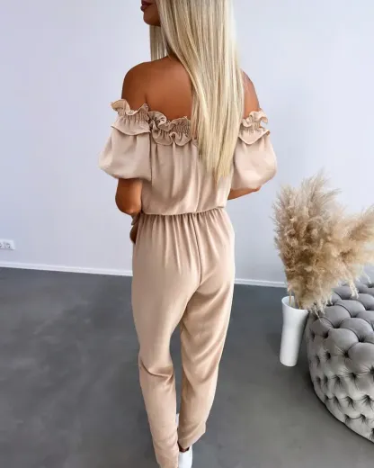 Womens Off Shoulder Frill Hem Tied Detail Jumpsuit