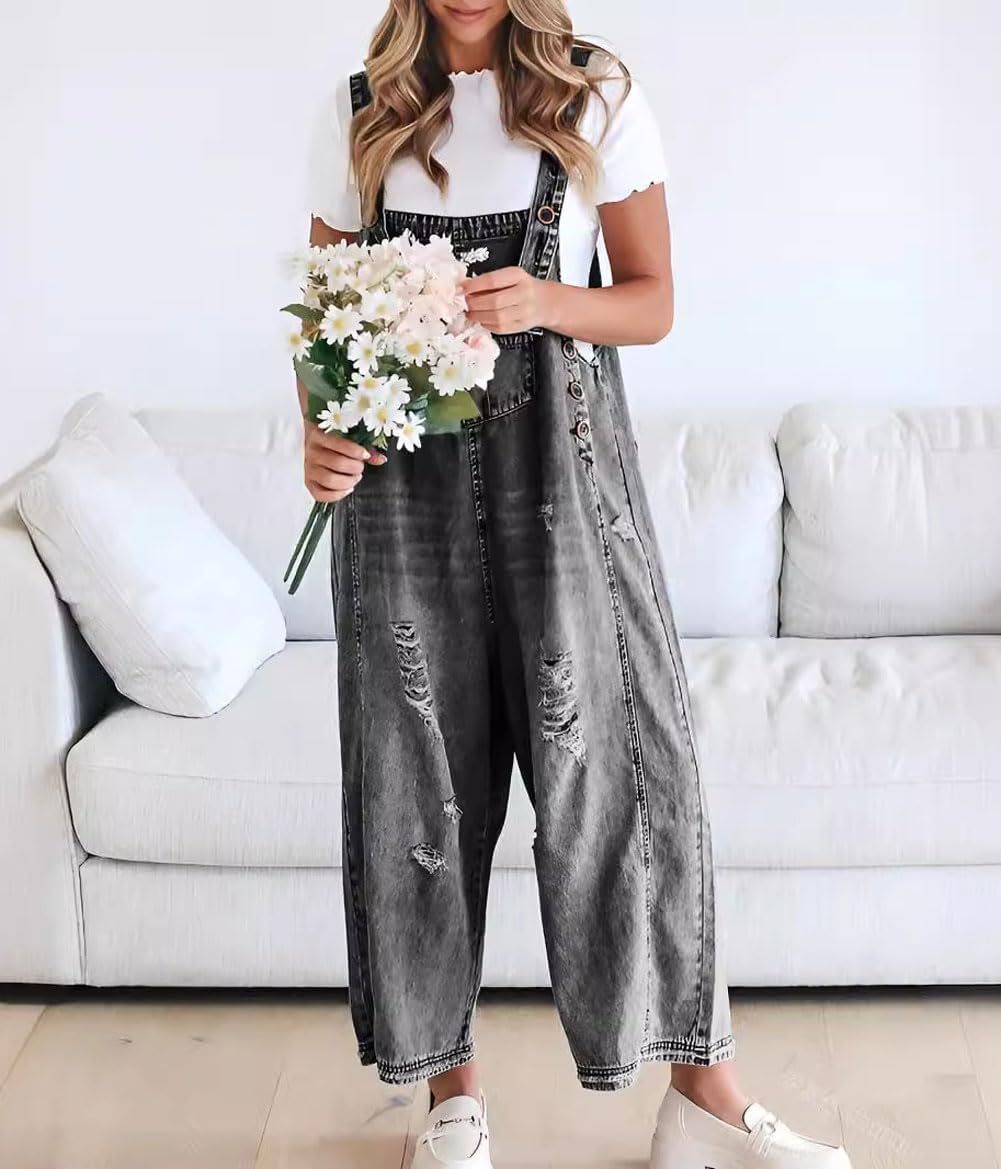 Loose Fit Adjustable Strap Distressed Denim Bib Overalls(buy 2 free shipping!!!)