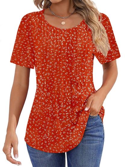 Women Summer Pleated Short Sleeve Tunic Blouses Shirts
