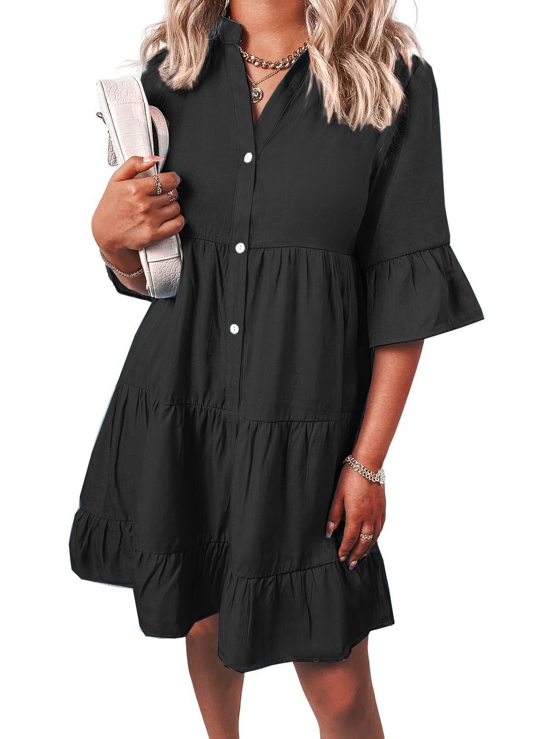 Women Casual V Neck Ruffle Short Sleeve Denim Dress