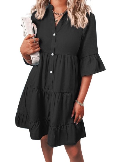 Women Casual V Neck Ruffle Short Sleeve Denim Dress
