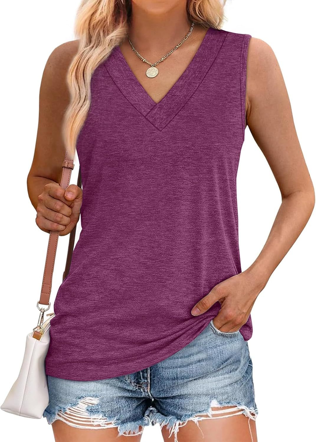 Women Summer Loose Fit V Neck T Shirts Trendy Sleeveless Basic Tank Tops
