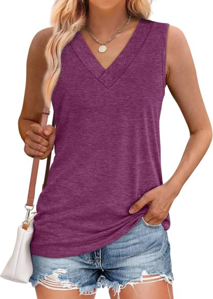 Women Summer Loose Fit V Neck T Shirts Trendy Sleeveless Basic Tank Tops