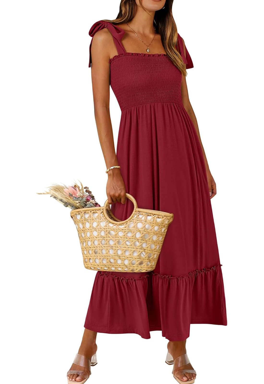 Women Summer Casual Strap Smocked Maxi Flowy Tiered A Line Dress (BUY 2 FREE SHIPPING)