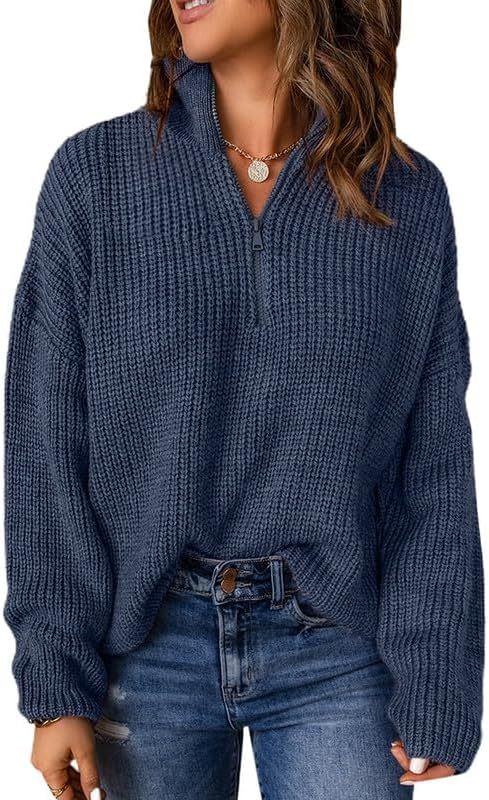 Womens Long Sleeve 1/4 Zip Pullover Polo V Neck Casual Sweaters Tops