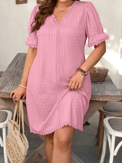 Womens Casual V Neck Contrast Lace Dress