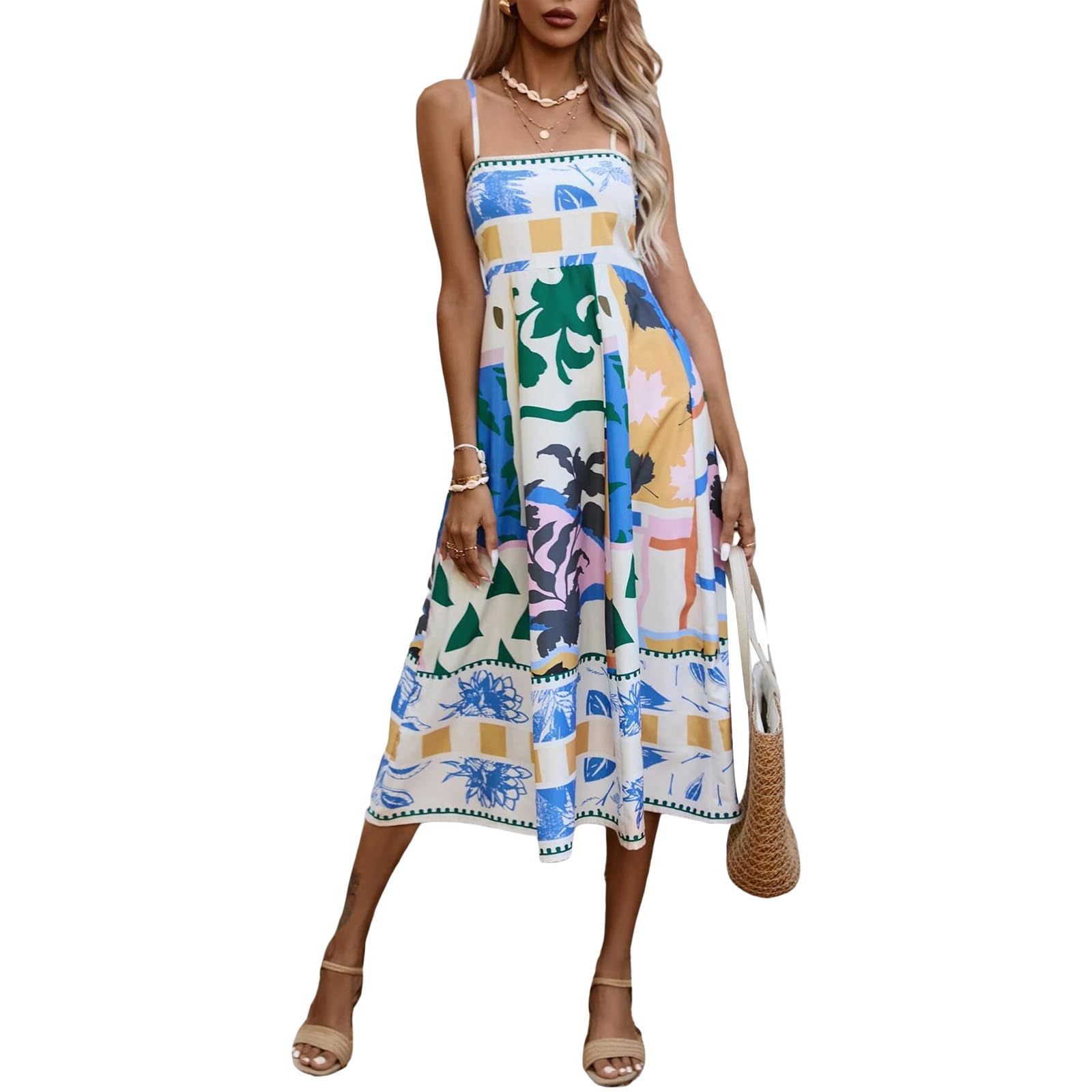 Women Boho Beach Spaghetti Strap Flowy Dress