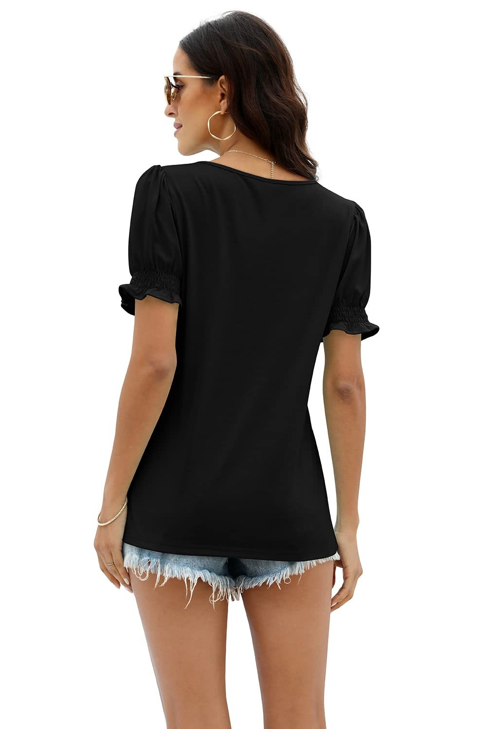 Women Summer Casual Ruffle Trim Sleeve Square Neck T Shirts