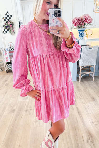 Strawberry Pink Flounce Sleeve Tiered Ruffled Velvet Mini Dress (Final Days: Big Savings!!!)