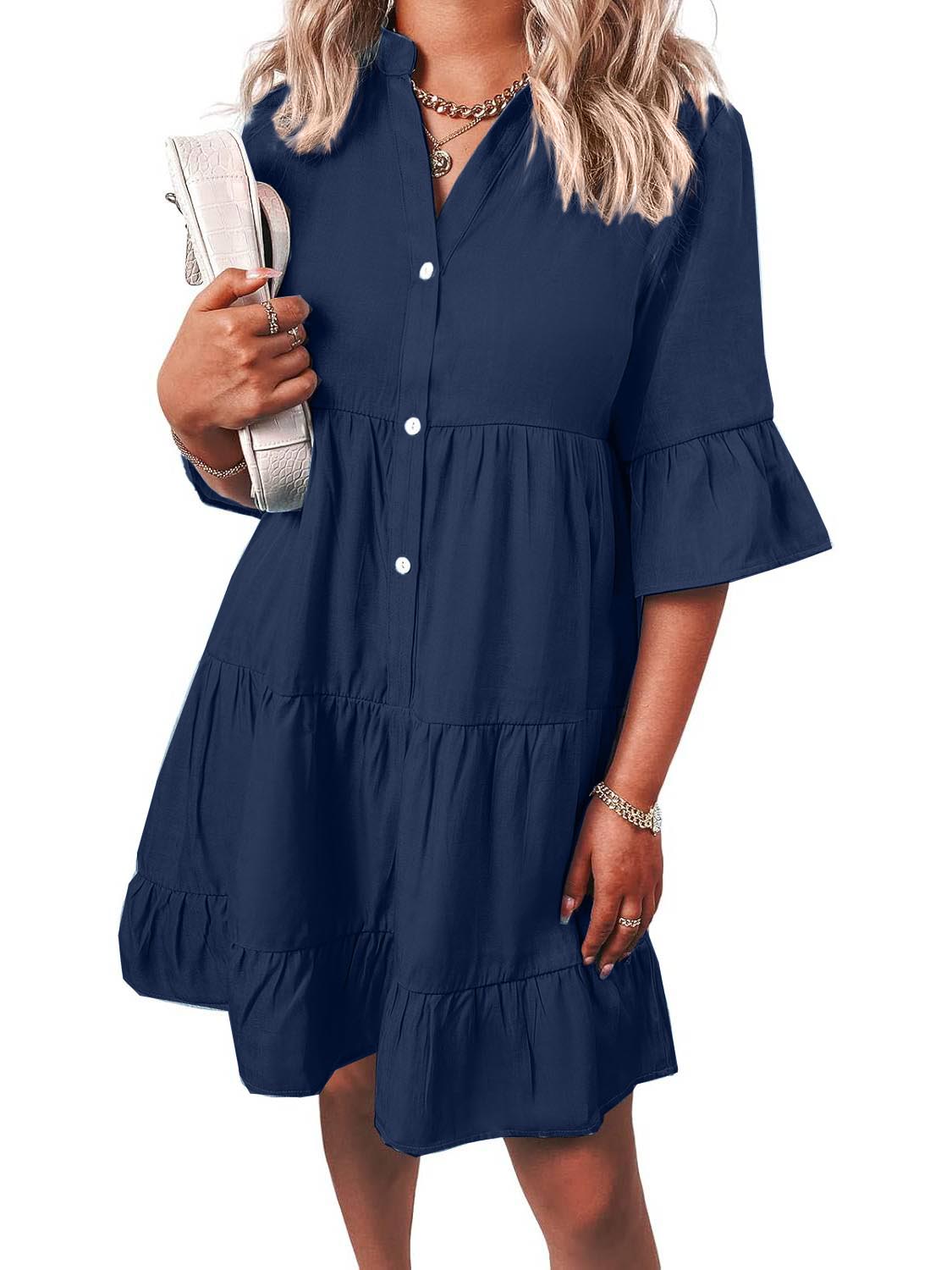 Women Casual V Neck Ruffle Short Sleeve Denim Dress