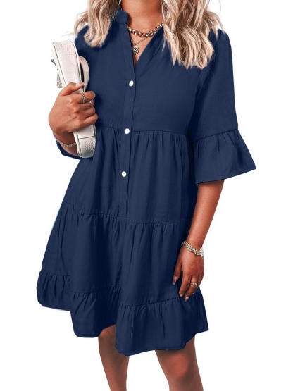 Women Casual V Neck Ruffle Short Sleeve Denim Dress