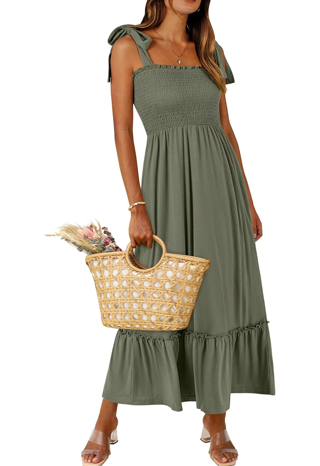 Women Summer Casual Strap Smocked Maxi Flowy Tiered A Line Dress (BUY 2 FREE SHIPPING)