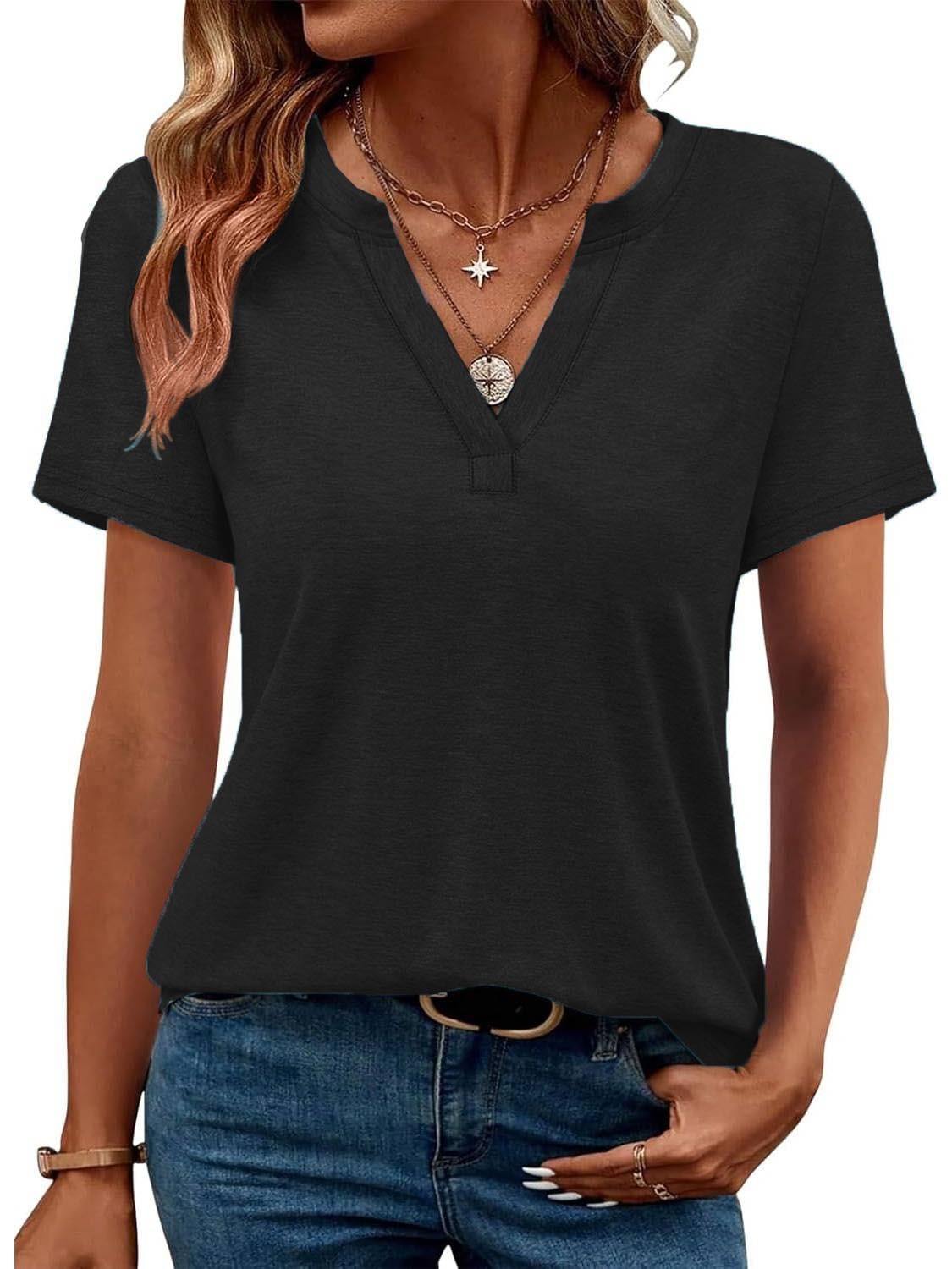 Womens Short Sleeve V Neck Casual Loose Fit T-shirts