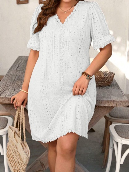 Womens Casual V Neck Contrast Lace Dress