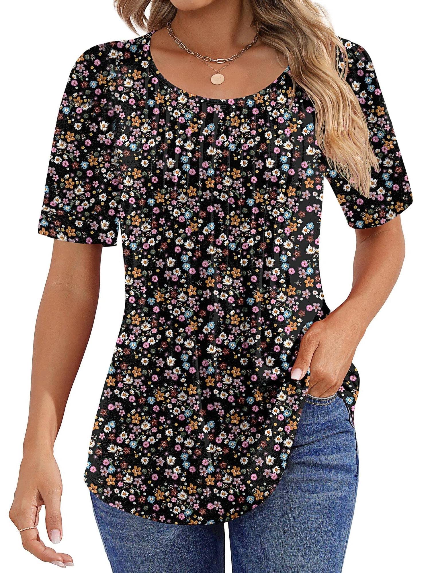 Women Summer Pleated Short Sleeve Tunic Blouses Shirts