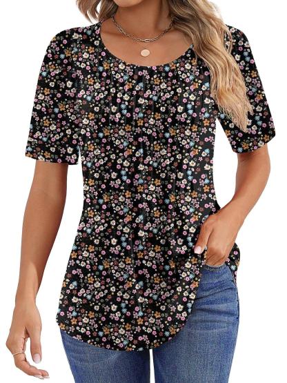 Women Summer Pleated Short Sleeve Tunic Blouses Shirts
