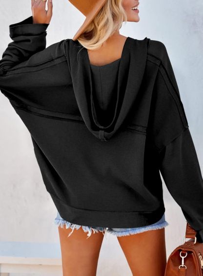 2024 Fashion Fall V Neck Button Down Long Sleeve Hooded Sweatshirts Tops