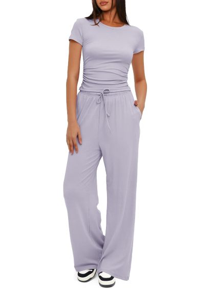 Women's Ruched Short Sleeve Tops and High Waisted Wide Leg Pants  Sets