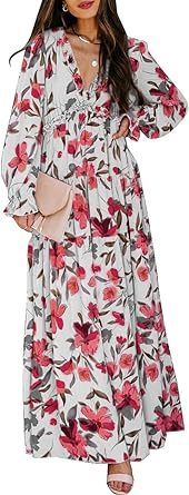 Womens Casual Floral Deep V Neck Dress-hivebabe.com