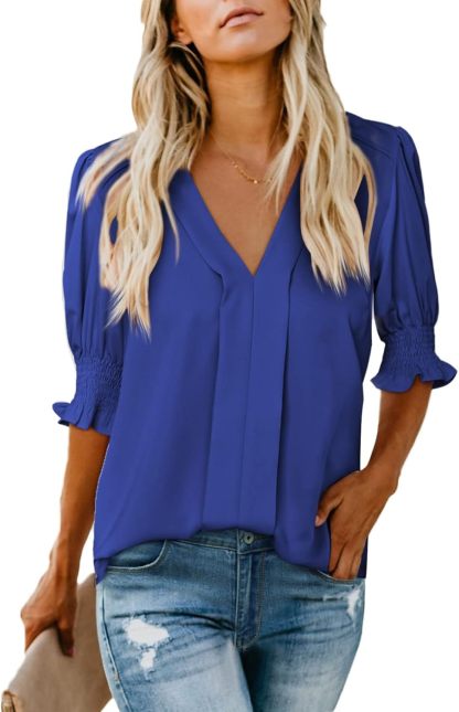 Women Dressy Casual Summer Puff Ruffle Short Sleeve Shirt Tops