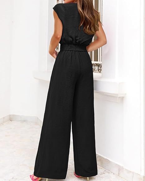 🔥🔥 2024 Women's Summer Cap Sleeve V Neck Drawstring Cropped Top Wide Leg Pants Suit