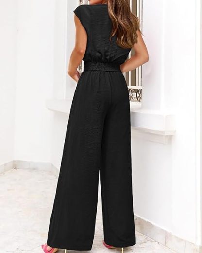 🔥🔥 2024 Women's Summer Cap Sleeve V Neck Drawstring Cropped Top Wide Leg Pants Suit
