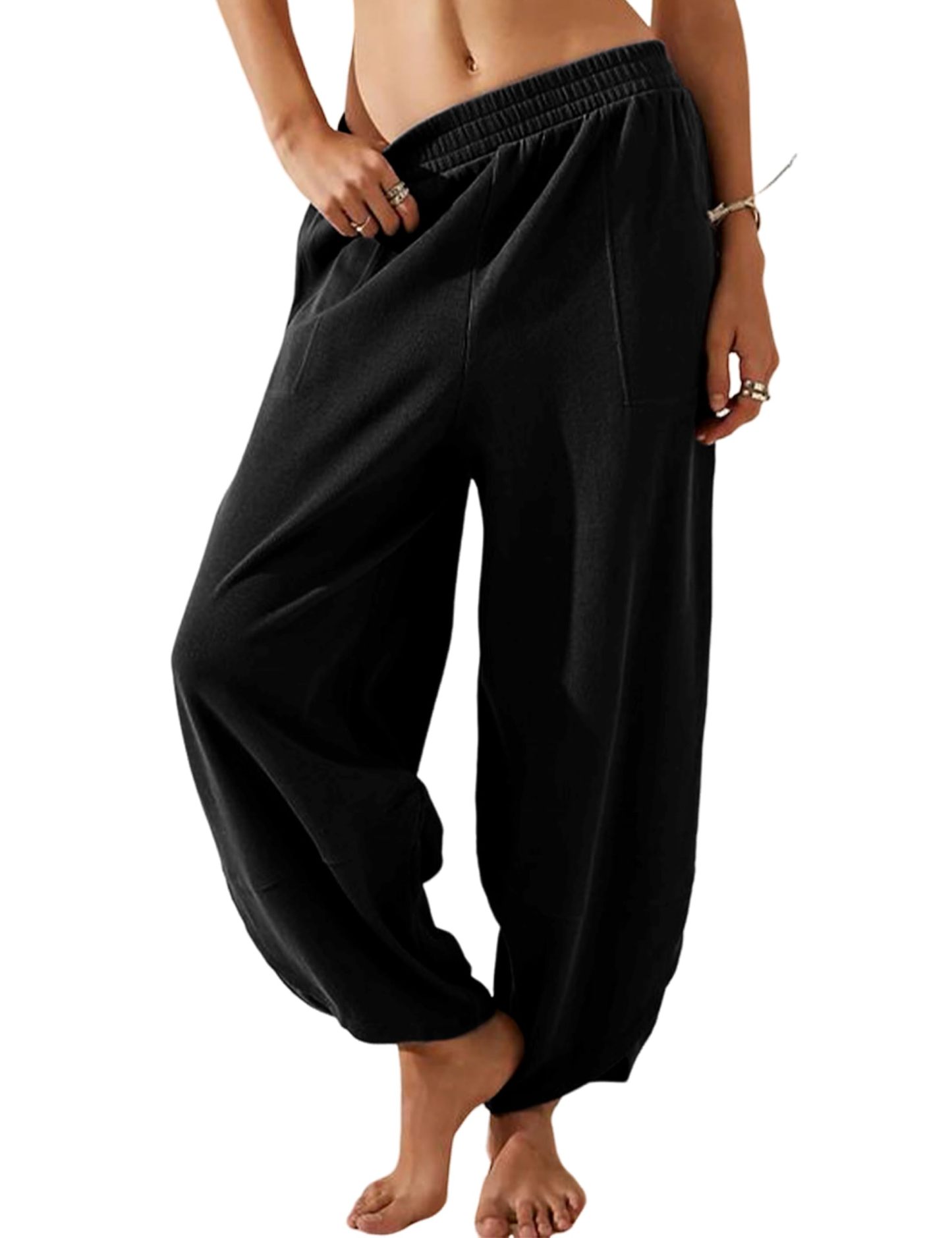 Womens Casual Elastic Waisted Baggy Wide Leg Pants
