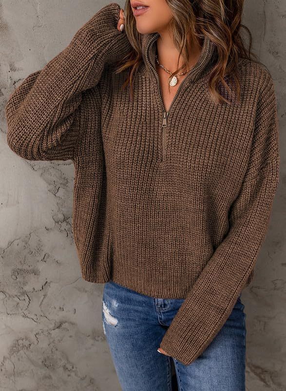 Womens Long Sleeve 1/4 Zip Pullover Polo V Neck Casual Sweaters Tops