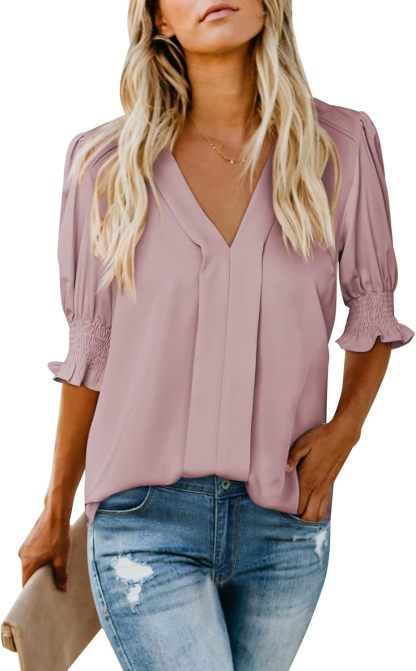 Women Dressy Casual Summer Puff Ruffle Short Sleeve Shirt Tops