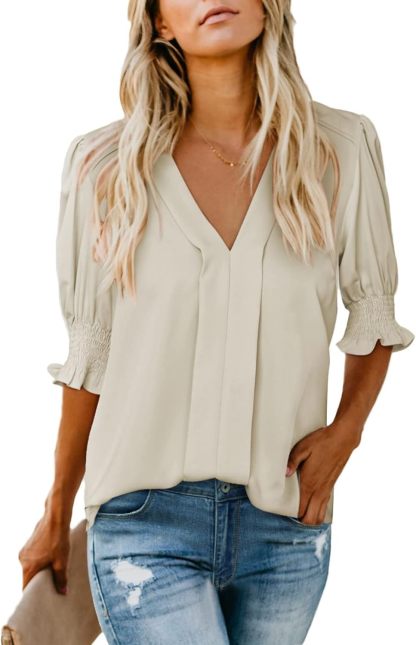 Women Dressy Casual Summer Puff Ruffle Short Sleeve Shirt Tops