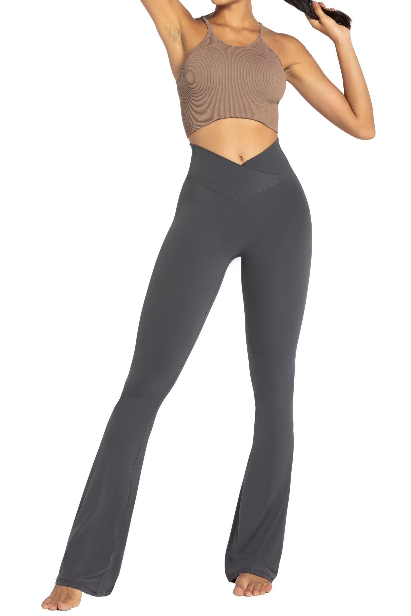 Womens Flare Leggings with Tummy Control Crossover Waist and Wide Leg