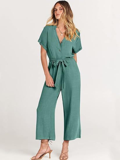 Women's Short Sleeve V-Neck Button Belt Jumpsuit
