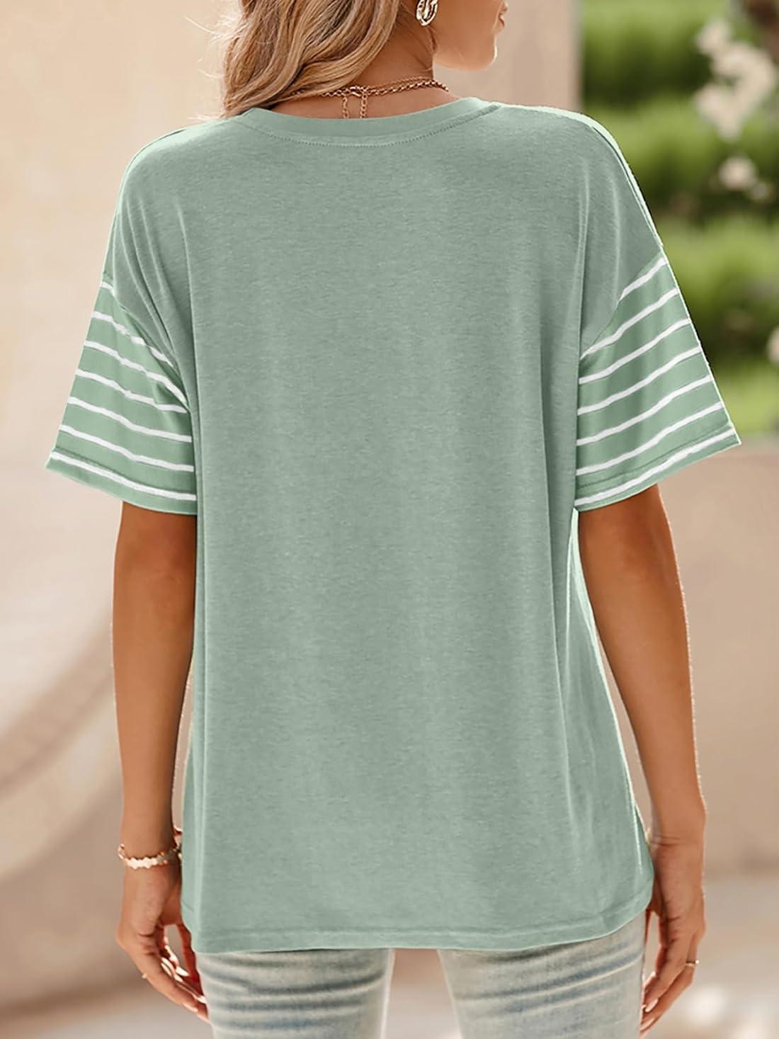 Womens Oversized Crewneck Casual Color Block Striped Shirts Blouses