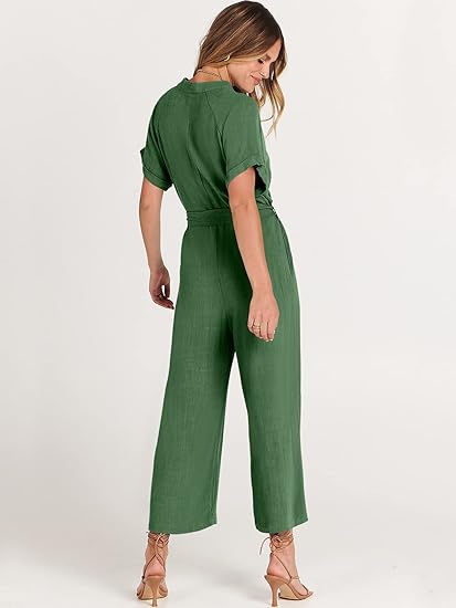Women's Short Sleeve V-Neck Button Belt Jumpsuit