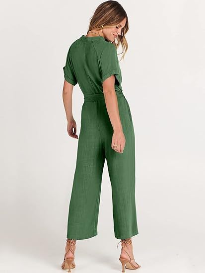 Women's Short Sleeve V-Neck Button Belt Jumpsuit