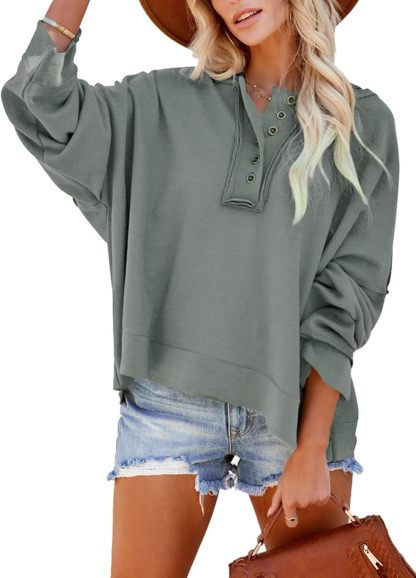 2024 Fashion Fall V Neck Button Down Long Sleeve Hooded Sweatshirts Tops