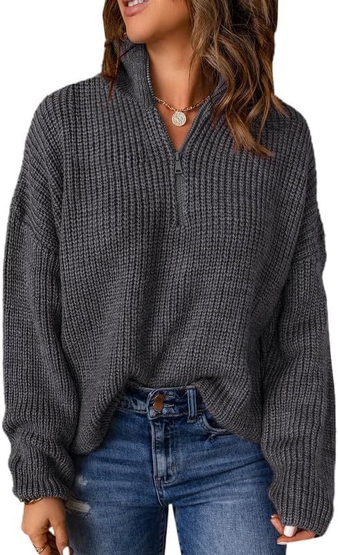 Womens Long Sleeve 1/4 Zip Pullover Polo V Neck Casual Sweaters Tops