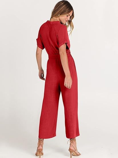 Women's Short Sleeve V-Neck Button Belt Jumpsuit