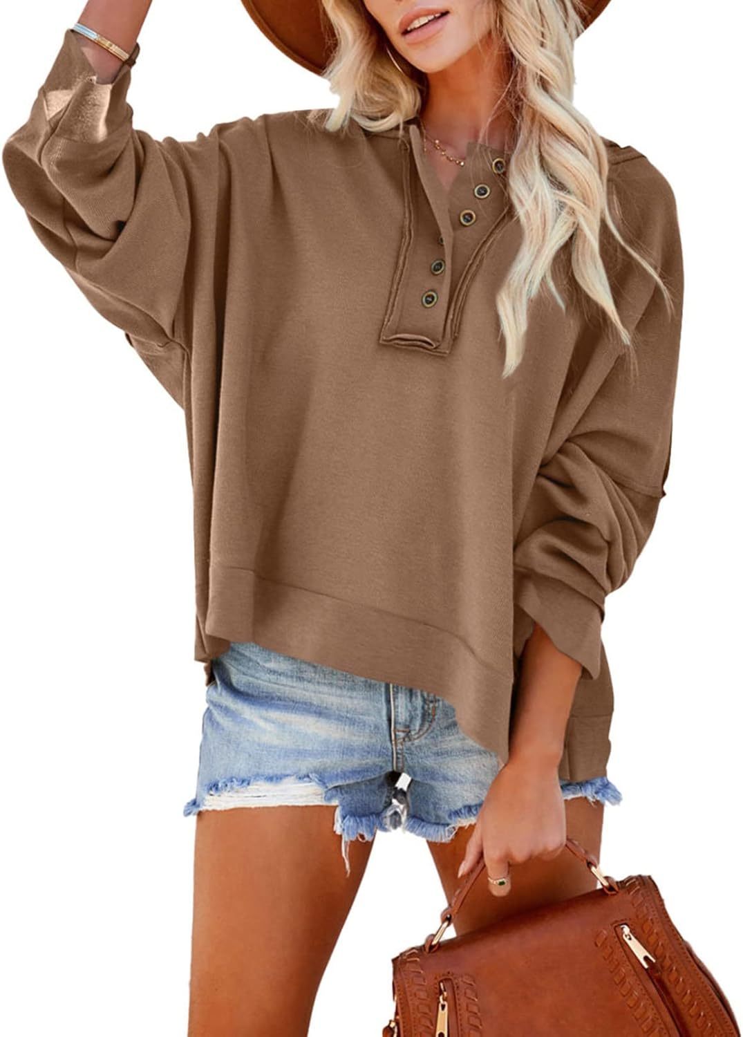 2024 Fashion Fall V Neck Button Down Long Sleeve Hooded Sweatshirts Tops
