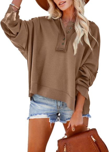 2024 Fashion Fall V Neck Button Down Long Sleeve Hooded Sweatshirts Tops