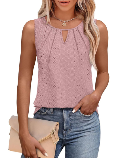 Women's Keyhole Neck Trendy Sleeveless Pleated Tank Tops