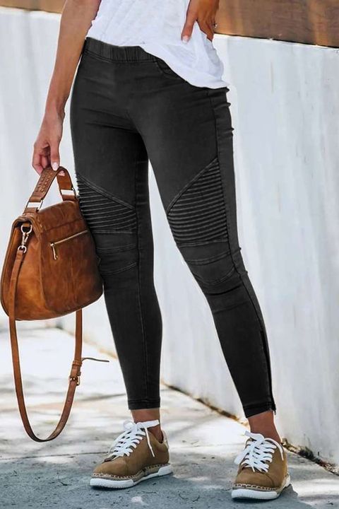 Solid Slant Pocket Zip Side Seam Detail Skinny Jeans