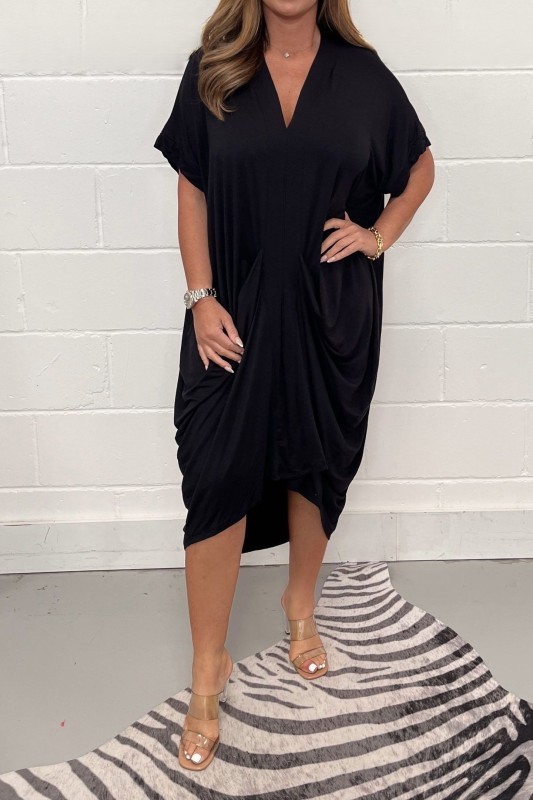 Oversized Draped V-Neck Short Sleeve Dress