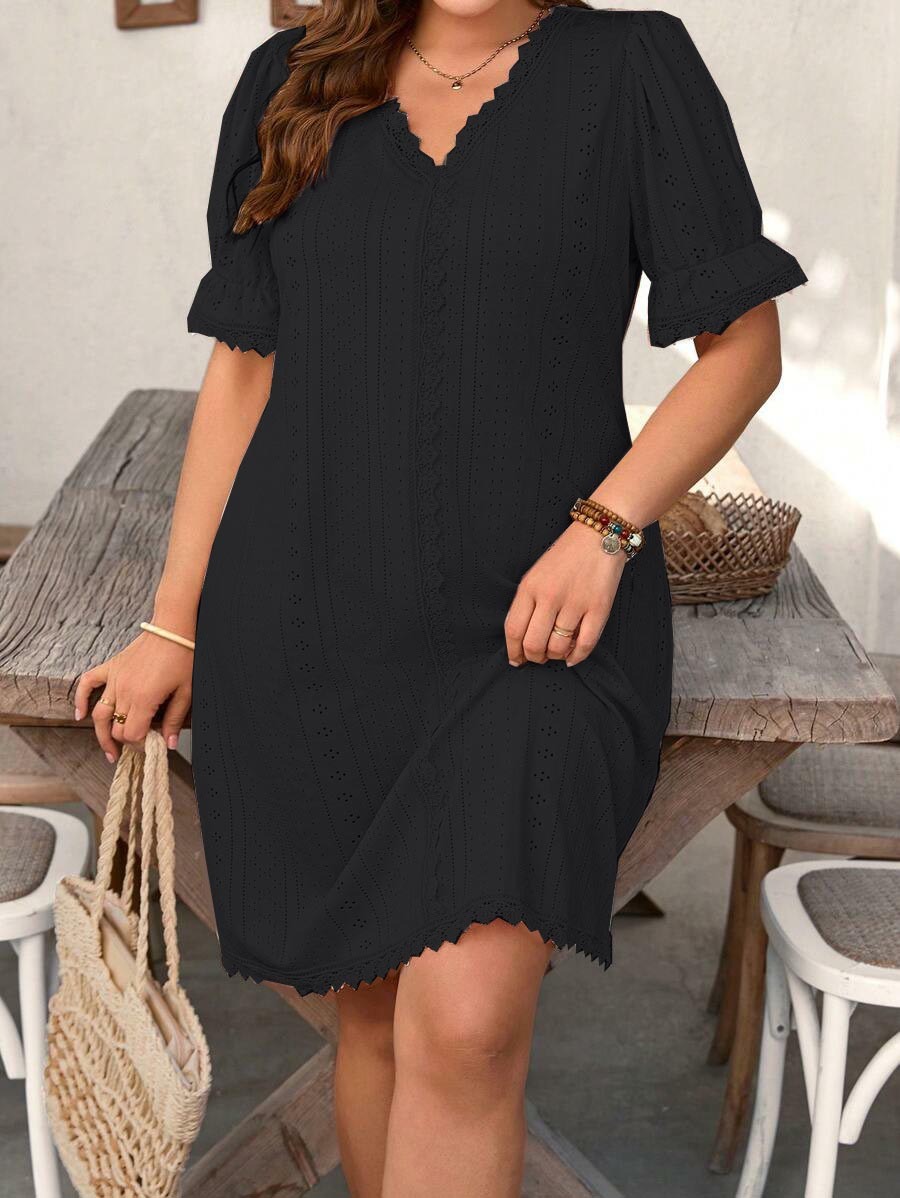 Womens Casual V Neck Contrast Lace Dress