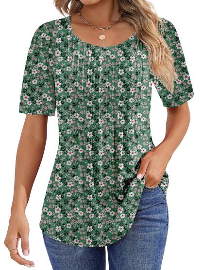 Women Summer Pleated Short Sleeve Tunic Blouses Shirts