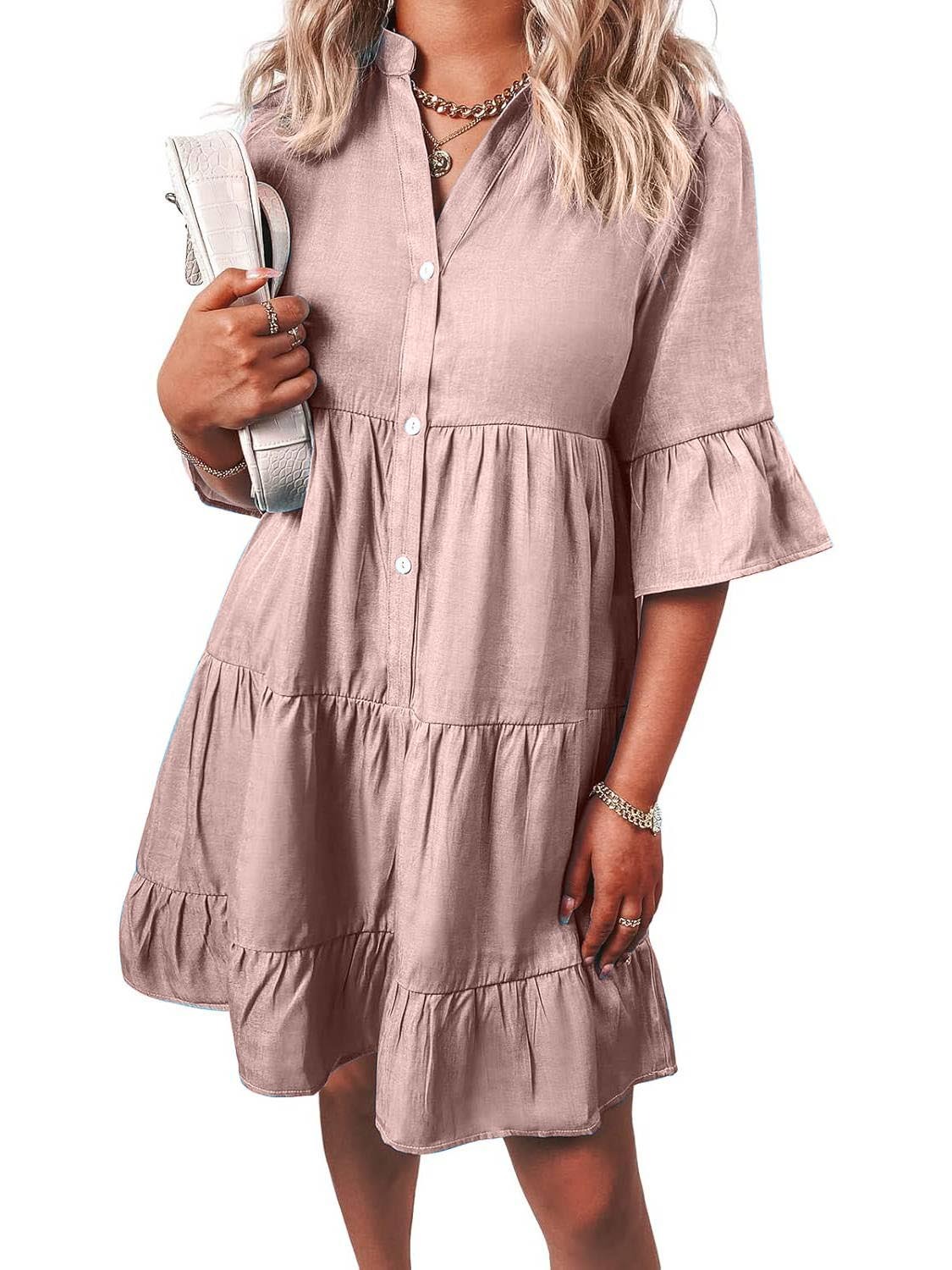 Women Casual V Neck Ruffle Short Sleeve Denim Dress