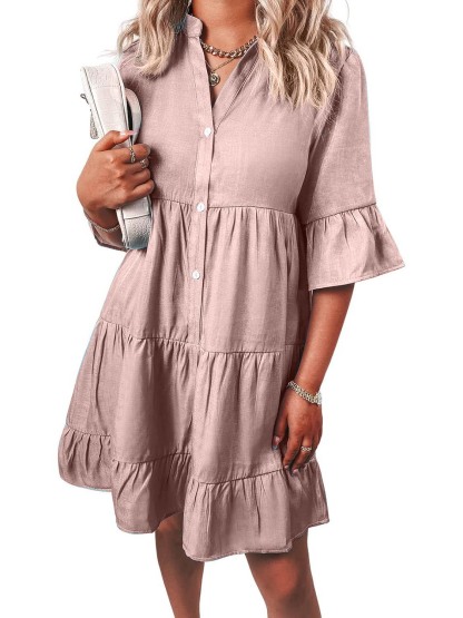 Women Casual V Neck Ruffle Short Sleeve Denim Dress