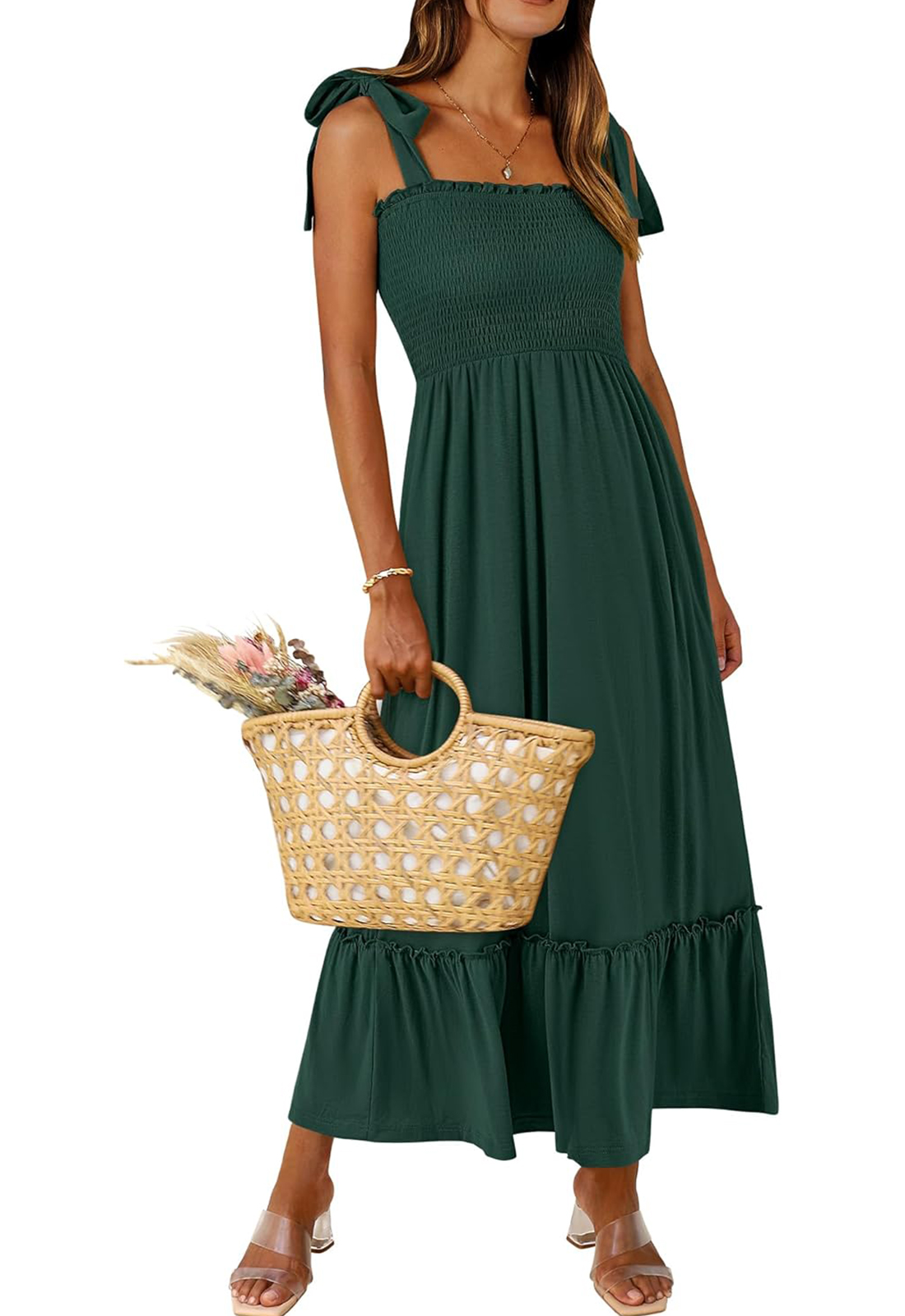 Women Summer Casual Strap Smocked Maxi Flowy Tiered A Line Dress (BUY 2 FREE SHIPPING)