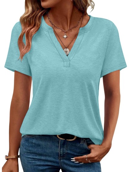 Womens Short Sleeve V Neck Casual Loose Fit T-shirts