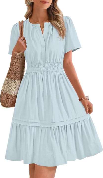 Women's Casual V Neck  Sundress Smocked Waist A Line Tiered Mini Dress